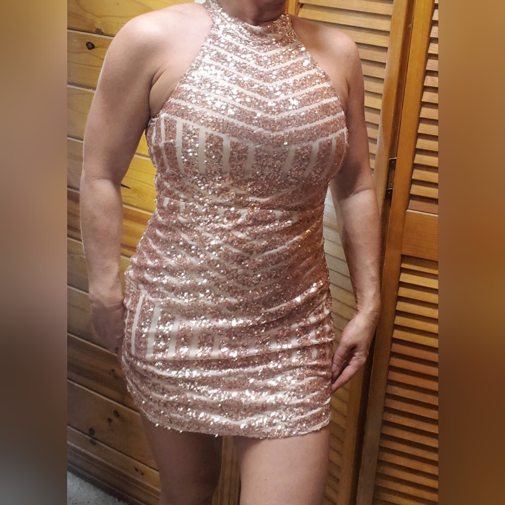 Champagne Sequin Halter Neck Mini Dress Size Small